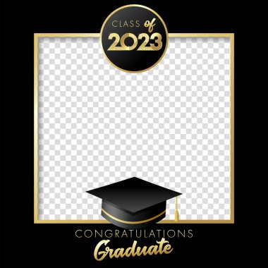 2023 mezuniyet partisi fotoğraf çerçevesi kabin için. 2023 Tebrikler Mezuniyet Tasarımı Altın 3D numaralar ve fotoğraf çerçevesinde mezuniyet akademik şapkası. Vektör illüstrasyonu