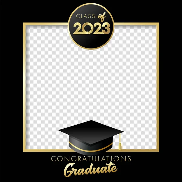 2023年の授業 卒業パーティーフォトフレームをブースに 2023お祝い写真フレーム上の黄金の3D番号と卒業学術キャップと大学院のデザイン ベクターイラスト — ストックベクタ