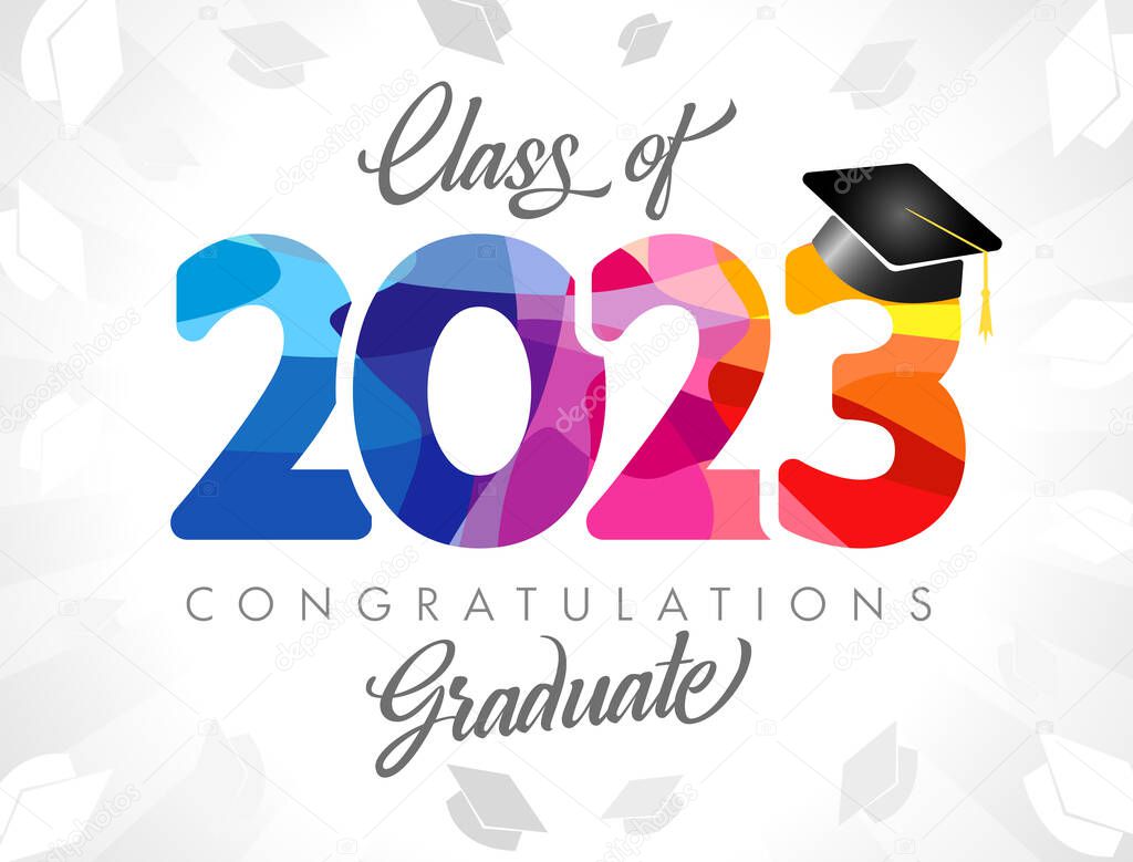 Class of 2023 number logo. Graduation banner. Prom invitation design. Greeting card concept with stained glass colorful sign 20 23. Graduating background. Mortar board 3D cap. Creative typography.