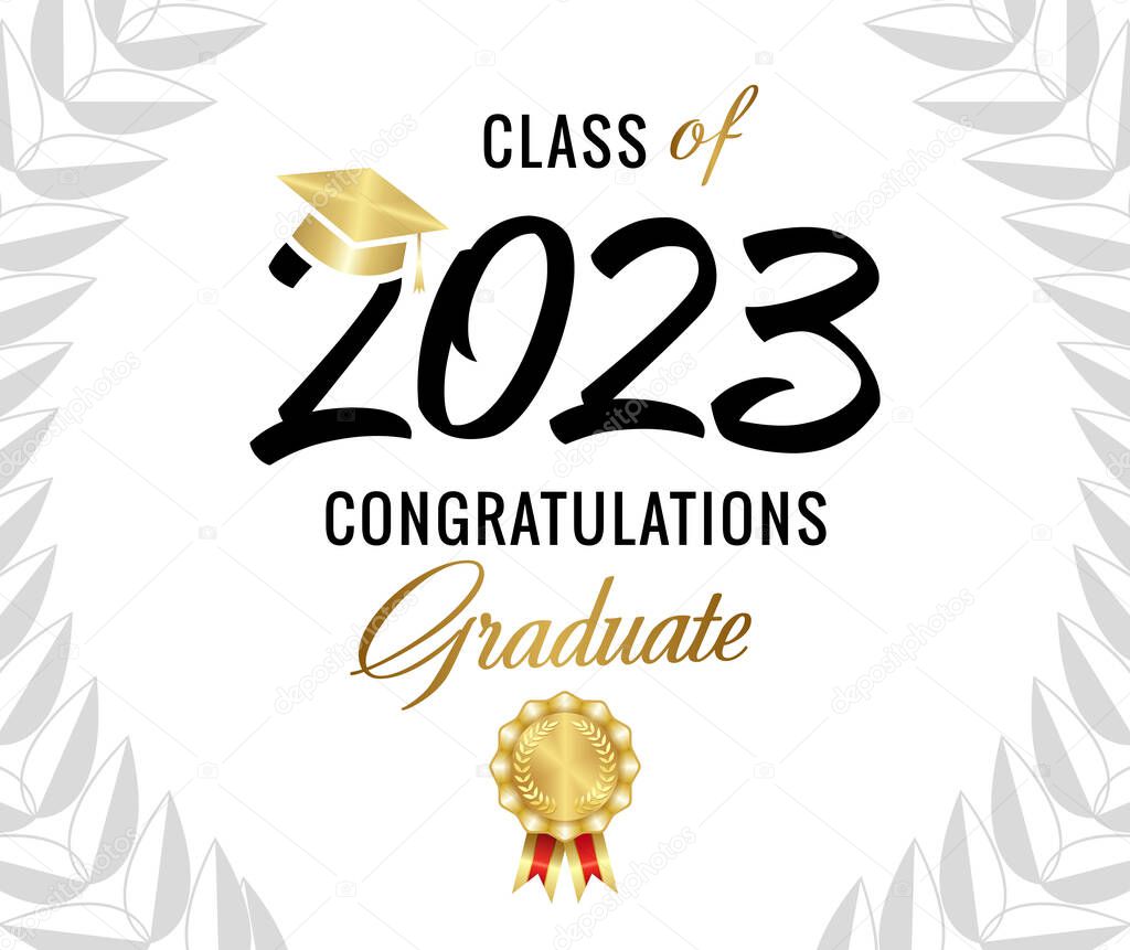 Class of 2023 graduating banner design. Certificate or diploma template. Handwritten style number 20 23, golden medal, palm frame. Typographic concept. Awards rosette. Isolated elements. Creative logo