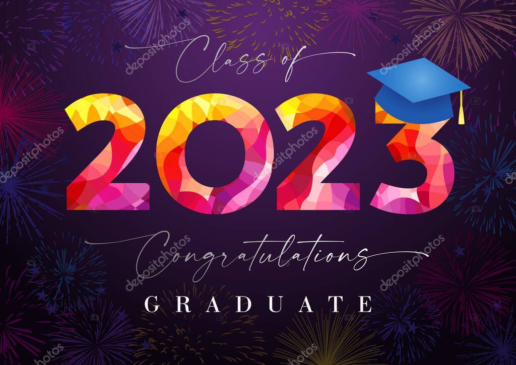 Class of 2023 graduating greetings. Creative banner or poster. Number 20 23 design with academic blue hat. Holiday background. Typographic logo. Isolated graphic elements.