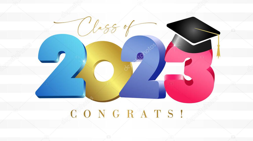 Creative graduating icon 2023. Graduation banner template. Number logo 20 23. Scientific annual awards concept. Modern colorful and golden design. Class of 2023 congrats. Isolated elements.