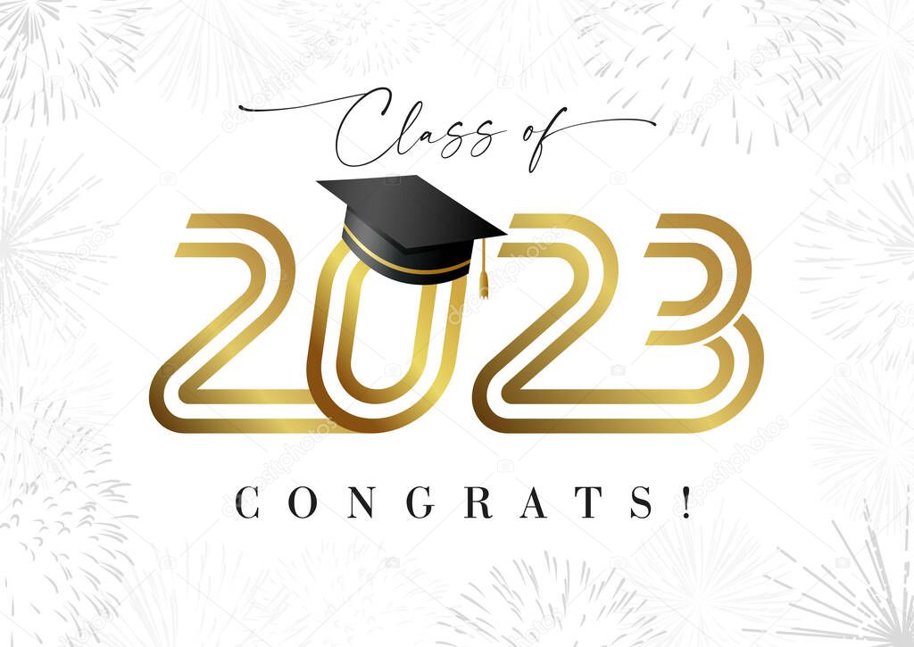 Graduating banner 2023. Class of 2023 congrats concept. Creative educational gold number 20 23, typographic logo design. Isolated symbol with academic cap. Prom invitation template. Holiday background