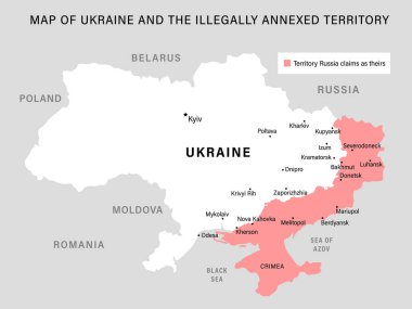 Karşı saldırıya geçmeden önce Ukrayna haritası ve yasadışı olarak ilhak edilmiş bölge. Doğu Ukrayna şehirlerinin düzenlenebilir şematik haritası. Vektör illüstrasyonu