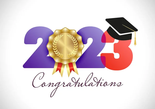 2023年卒業おめでとうございます クリエイティブ プロム バナー タイポグラフィのロゴデザイン 教育賞のアイコン 23年生20名を除く 黄金のバッジ 証明書または卒業証書の要素 — ストックベクタ