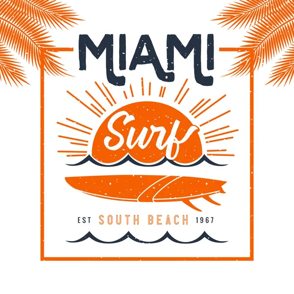 Логотип Miami Surf Футболки Геля Винтажный Векторный Дизайн Ладонями Типография — стоковый вектор
