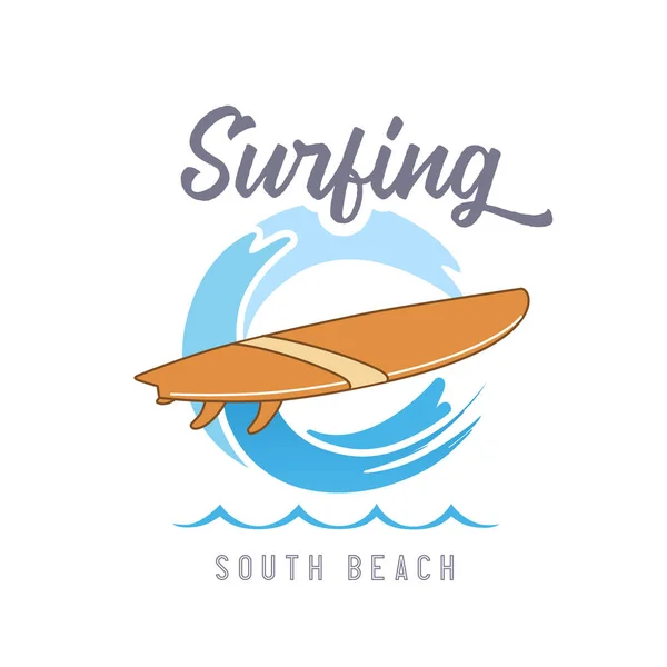 Surfwellen Logo Für Shirt Und Bekleidung Vintage Design Surfbrett Mit — Stockvektor
