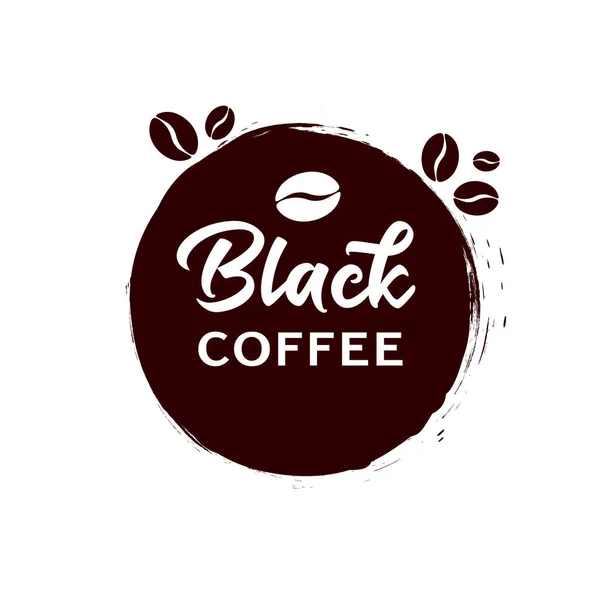 ブラックコーヒー文字とカップロゴ グランジサークル ポスター バナー カフェエンブレム Tシャツ用のコーヒー豆とデザイン要素 ベクターイラスト — ストックベクタ