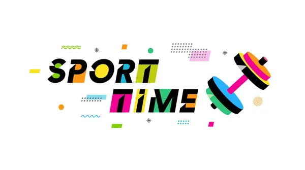 Sport Temps Concept Créatif Avec Haltère Coloré Fond Memphis Illustration — Image vectorielle