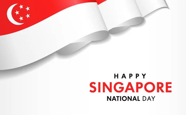 3次元の波のフラグを持つハッピーシンガポールナショナルデー 愛国的なシンガポール人の旗とテキスト ベクターイラスト — ストックベクタ