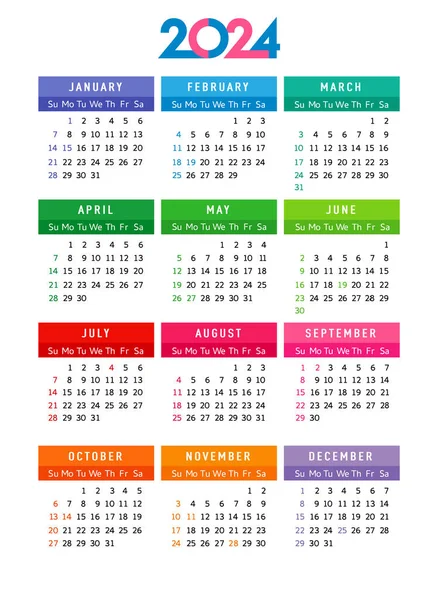 Kalender 2024 Jaar Bewerkbare Template Week Beginnen Zondag Met Usa — Stockvector