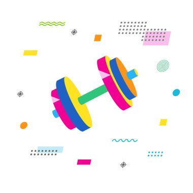 Memphis tarzı elementlerle aptallar. Formda spor sporu veya vücut geliştirici için vektör renkli illüstrasyon