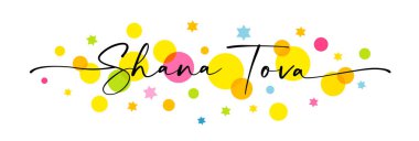 Renkli yıldız ve baloncuklu Shana Tova zarif el yazısı. Mutlu ve tatlı bir yeni yıl. Vektör illüstrasyonu