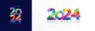 2024 Mutlu Yıllar renkli yüzlü tipografi logosu tasarımı konsepti. Renkli cam şeklinde rakamlarla Xmas selamları. Vektör illüstrasyonu