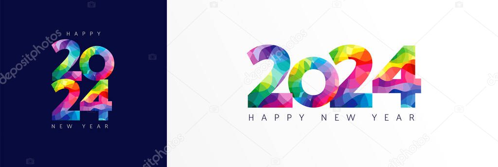 2024 Happy New Year colorful facet typography logo design concept. Xmas greetings with numbers in the form of colored stained glass. Vector illustration