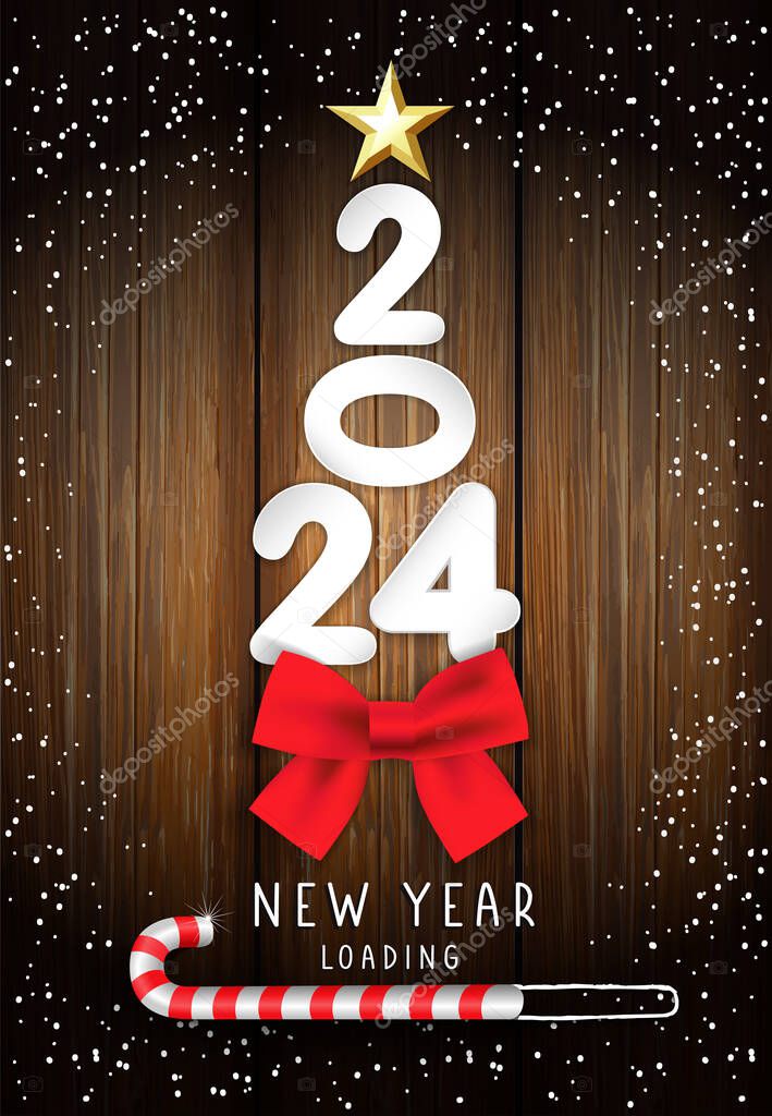2024 New Year loading greeting card with paper numbers, red bow and golden star. Xmas greetings with 3d number 2024 and Christmas candy cane on wooden planks. Vector illustration