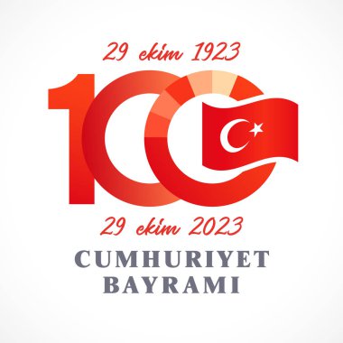 29 Ekim 'de 100 yıllık Türkiye Cumhuriyeti Günü. Yaratıcı numara 100. Türk bayrağı. 100. yıldönümü 1923-2023 pankartı. Kırmızı dizayn. Sosyal medya paylaşımı. İzole elementler. Grafik illüstrasyon.