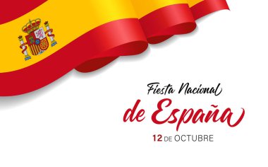 Fiesta nacional de Espana, 12 de Octubre ve 3 boyutlu İspanya bayrağı. Çevirisi - İspanya bayramı, 12 Ekim. Web pankartı veya yazdırma için vektör tasarım şablonu
