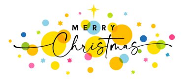 Renkli daireli ve yıldızlı mutlu noeller. Kaligrafi ve Xmas yıldızlı vektör doğumu çizimi. Kilise hizmeti için tebrik kartı tasarımı