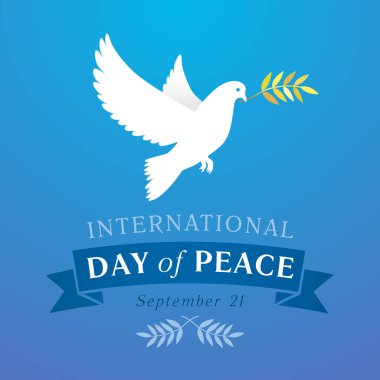 Uluslararası Barış Günü afişi. Tebrik kartı tasarımı. Uçan beyaz güvercin. Vektör çizimi. Sosyal medya konsepti kutluyor. Tatil geçmişi. Yaratıcı öge.