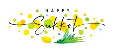 Mutlu Sukkot zarif harfleri etrog ve lulav ile. Etrog, lulav, arava, hadas, renkli daireler ve yıldızlı Yahudi bayramı. Vektör dekorasyon arkaplan tasarımı