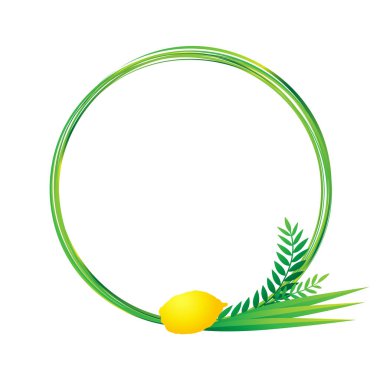 Mutlu Sukkot yuvarlak çerçevesi, çelenk lulav ve etrog ile. Yahudi bayramı Sukkot dekorasyon geçmişi etrog, lulav, arava, hadas. Vektör tasarımı