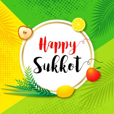 Etrog, lulav, elma ve palmiye yapraklı mutlu Sukkot kartları. Yahudi bayramı Sukkot web pankartı, palmiye yaprakları, aravah ve hadas. Vektör illüstrasyonu