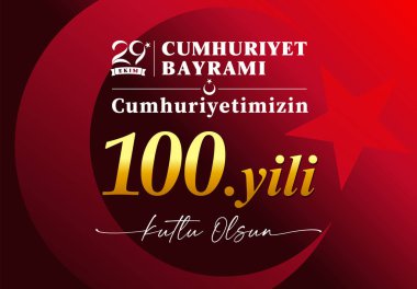 100. Yıl dönümü 29 Ekim, Cumhuriyet Bayrami kırmızı bayrağı. Türkçe çevirisi - 29 Ekim, Cumhuriyet Günü 100 yıl, mutlu tatiller. Vektör illüstrasyonu