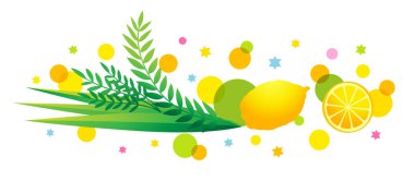 Etrog, lulav ve renkli dairelerle geleneksel Sukkot sembolü. Palmiye yaprakları, aravah ve hadas ile Yahudi bayramı web afişi. Vektör illüstrasyonu