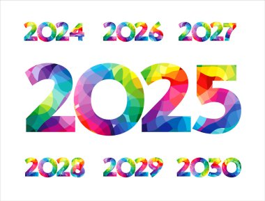 2024 'ten 2030' a kadar renkli sayılar kümesi. Yaratıcı ikonlar 2025, 2026, 2027, 2028 ve 2029. Takvim ya da planlama başlığı. İş konsepti. İzole edilmiş lekeli doku. Mavi, kırmızı, mor, sarı ve yeşil.