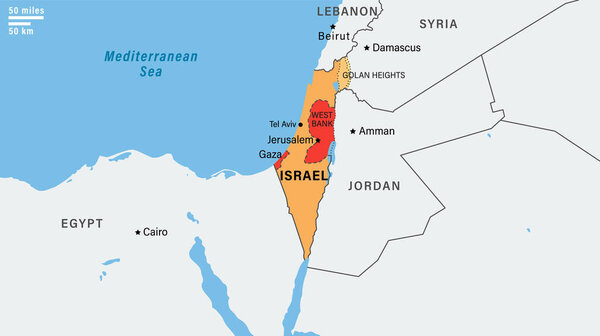Map middle east region with Israel border. The borders of Israel after the Six-Day War of 1967. Vector illustration