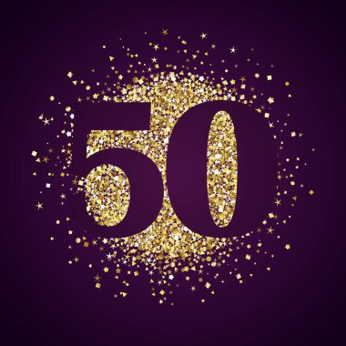 Yaratıcı numara 50. Fiyat etiketi 50. yıldönümü ikonu konsepti. Yüzde 50 indirimli. Parlak elementleri olan parlak altın bir tasarım. İzole edilmiş işaret. Altın desenli. Tatil geçmişi. En iyi 50 fikir.