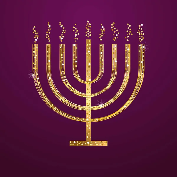 Golden candle. Religious symbol. Glittering shiny design. Happy Hanukkah social media poster.  Menora template. Creative graphic. Jewish traditional holiday element. Isolated icon. Purple background.