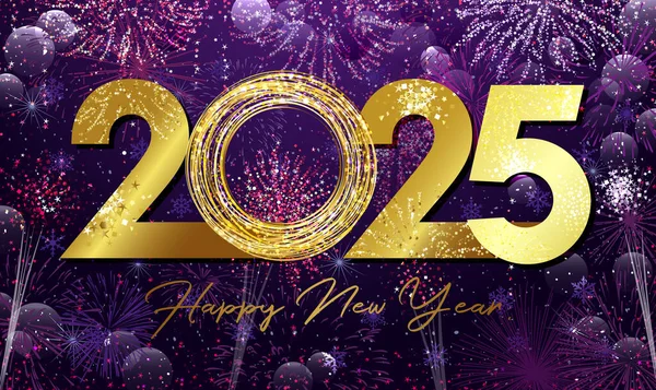 Mutlu yıllar 2025 yaratıcı kartpostal. Modaya uygun bir tasarım. Tatil arkaplanı. Mavi, altın ve mor renkler. İzole elementler. Parlak altın numara 20 25. Bayrağı kutluyoruz. Sosyal medya posteri.