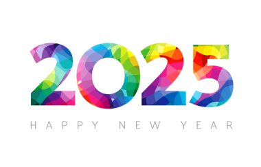 Mutlu yıllar 2025 tebrik kartı tasarımı. Sevimli 2025 ikonlu minimalist stil. İş planlayıcısı tasarım unsuru. Sosyal medya afişi konsepti. Kırmızı, yeşil, mavi ve mor renkler. Dekoratif fikir.