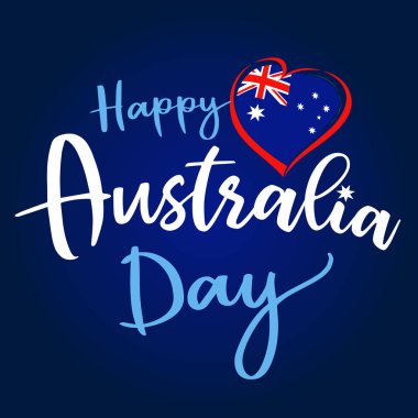 Happy Australia Day square concept. Banner, greeting card, postcard or social media poster template. Creative text and Australian flag heart icon. Love Australia icon idea. Tourist souvenir design elements.