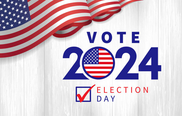 Vote 2024 Election day with 3d flag USA. President voting 2024. Election voting poster or banner design. Political election campaign
