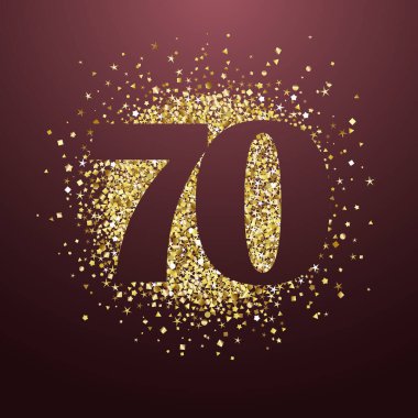 70. yıldönümünüz kutlu olsun. Parlak desenli ve şık 70 numara. Yuvarlak altın zemin ve 70 'i klip maskeli izole edilmiş. Mor arka plan. Modern tasarım. Yüzde 70 'e kadar indirimli ikon.