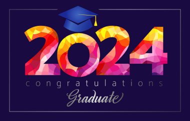 Balo davetiyesi, diploma tasarımı, 2024 sınıfı için sertifika konsepti. Tebrikler kartpostaldan mezun oluyor. Sosyal medya zaman çizelgesi. Yaratıcı kırmızı 20 numara 24 ve 3 boyutlu şapkalı vektör illüstrasyonu