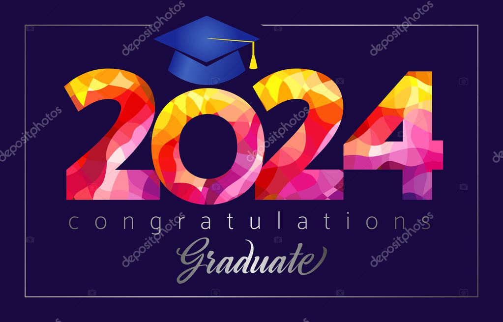 Prom invitation, diploma design, certificate concept for class of 2024. Congratulations graduates postcard. Social media timeline post. Vector illustration with creative red number 20 24 and 3D hat