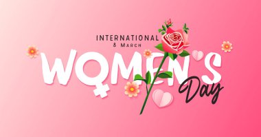 8. Uluslararası Kadınlar Günü, kağıt metin ve çiçeklerle yürüyor. Vektör illüstrasyonu