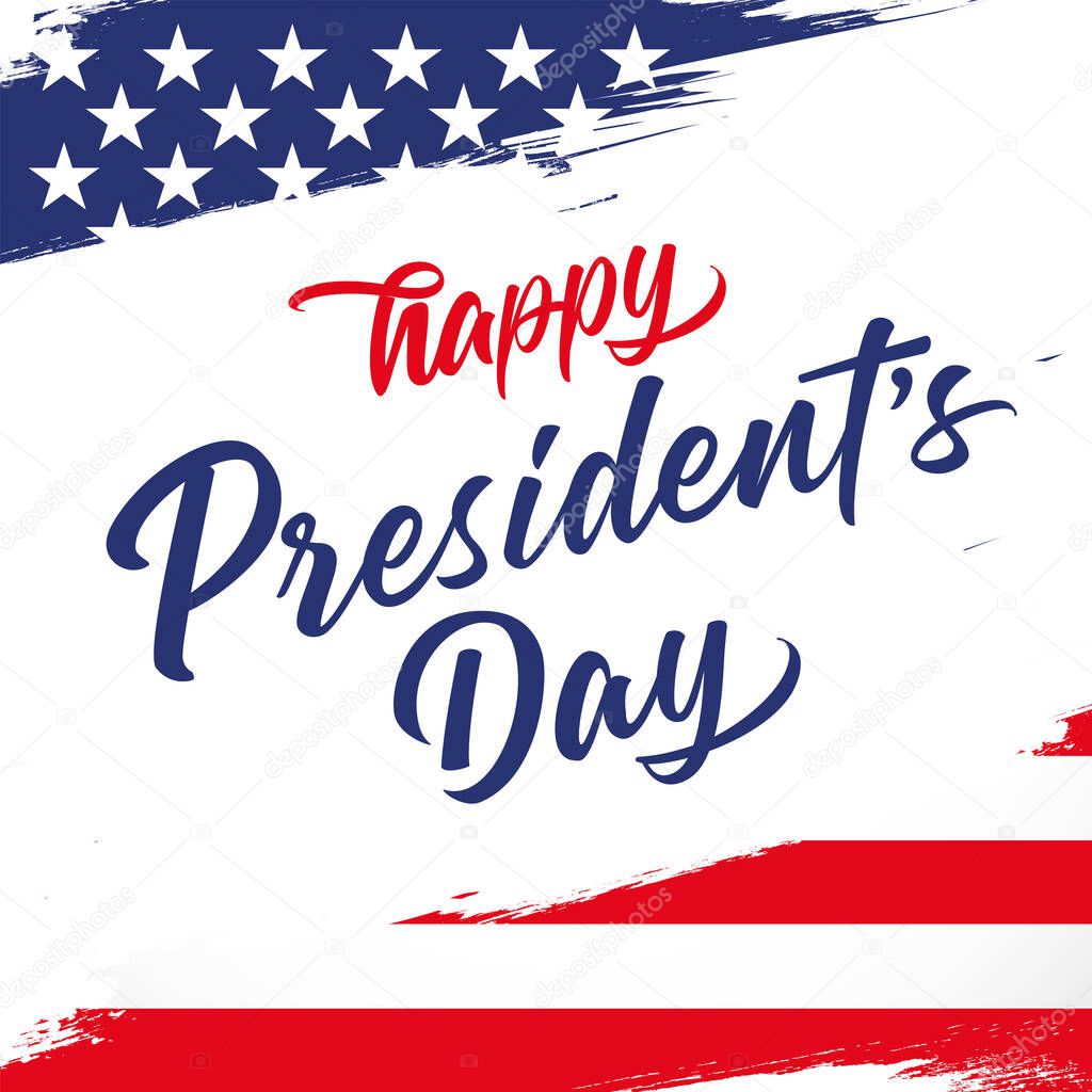 Happy Presidents Day greeting card with flag and brush stroke background. Holiday US, creative concept for banner. Vector illustration