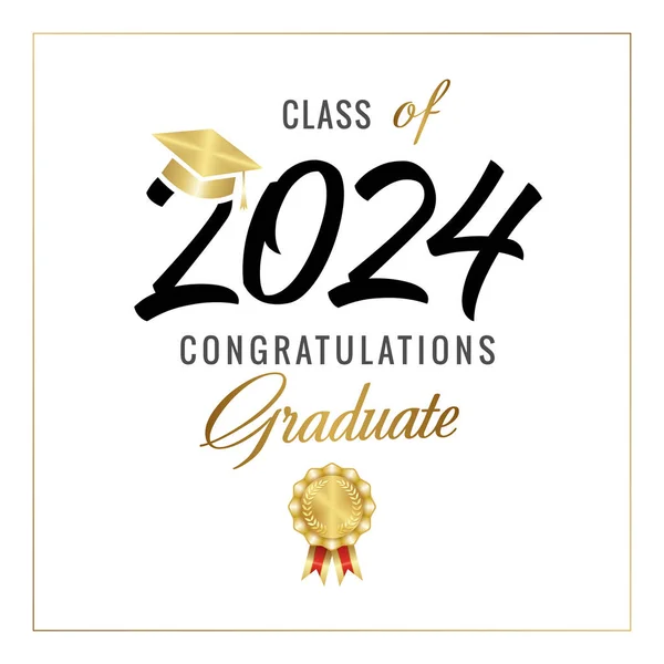2024年 卒業証書コンセプトを祝福するクラス ディプロマデザイン スクールバナー ブラック ゴールド 光沢のある金メダルとスクエアキャップ 招待状テンプレート クリエイティブタイポグラフィ ベクターグラフィックス