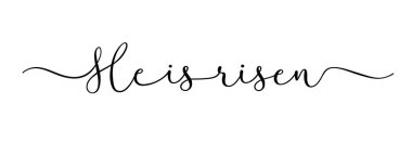 Hristiyan kaligrafi sözcüğü yükseldi. Siyah siluet harfli Paskalya Pazar tişörtü tasarımı. Vektör illüstrasyonu