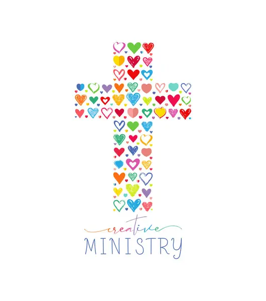 Δημιουργικός Σταυρός Σετ Από Χειροποίητες Πολύχρωμες Καρδιές Χριστιανικό Υπουργείο Λογότυπο Διάνυσμα Αρχείου