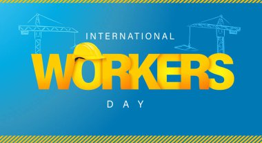 1 Mayıs, Uluslararası İşçi Günü tipografi posteri. Metin, sarı başlık ve inşaat vinci ile İşçi Bayramı için vektör kavramı
