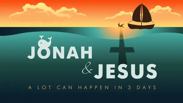 ジョナとイエス 3日間で多くのことが起こる可能性があります 教会奉仕イースターサンデーコンセプト 日の出 ボート ジョナが水に落ちる ベクトルイラスト — ストックベクタ