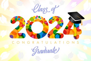 2024 mezuniyet töreni şirin bir dekorasyon. Okul afişi tasarımı. Mezuniyet şapkalı renkli ikon 2024. Şenlik arka planı. Vektör kırpma maskesiyle izole edilmiş numara. Sınıf kapanmıştır. Tebrikler..