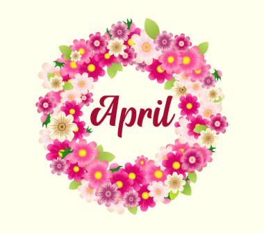 Nisan tebrik kartı. Sosyal medya afişi. Güzel çiçekli pembe çelenkli kartpostal tasarımı. Bahar dekoratif fikri. Ağ zaman çizelgesi gönderimi. Kapı dekorasyonu konsepti. Şirin çiçekli vektör simgesi.