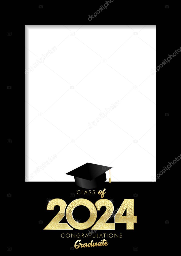 Graduation photo frame A4, Class of 2024. Black copy space background with class of 2024 number and square academic cap. Vector illustration